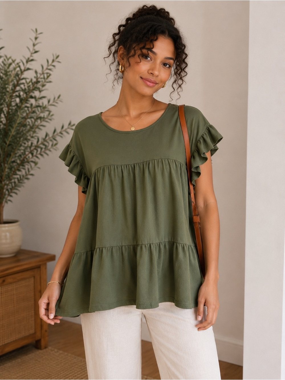 You & Me Olive Green Tiered Ruffle Sleeve Babydoll Top. Size: 1X